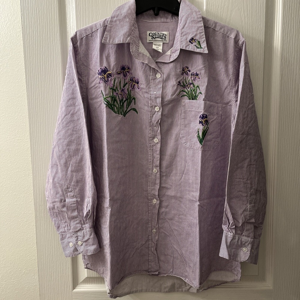Country‎ Store Women L Shirt Purple White Striped Floral Embroidered Button Gems